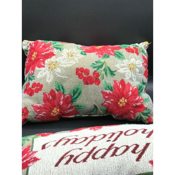 Happy Holidays 2 Needlepoint Petit Retangle Couch Throw Pillows Red Poinsettia - Picture 5 of 8